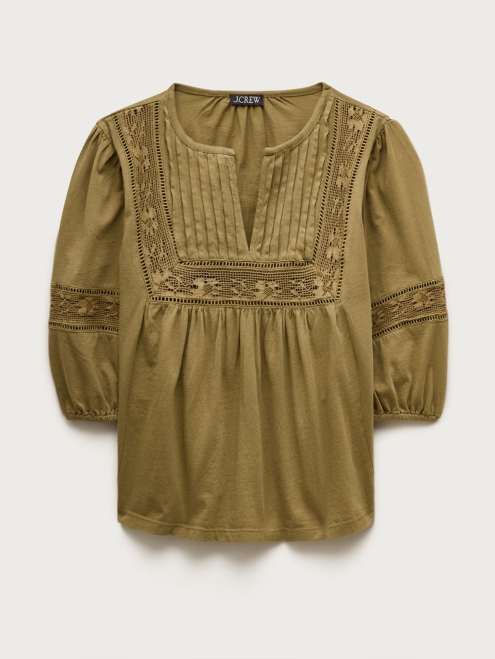 J. Crew Lace-trim Puff-sleeve Shirt Broken-in Jersey Tuscan Olive